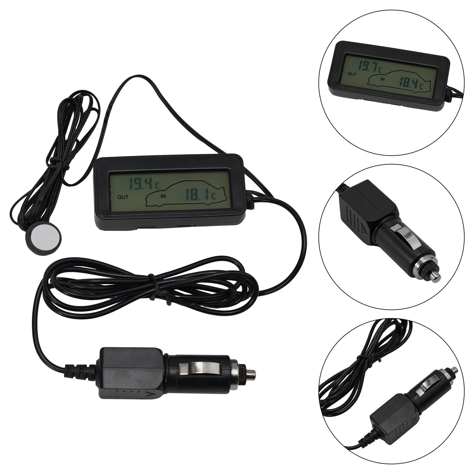 Compact 12V Car LCD Digital Thermometer, Inside & Outside Temperature Gauge Meter, Black Shell, Clear LCD Display