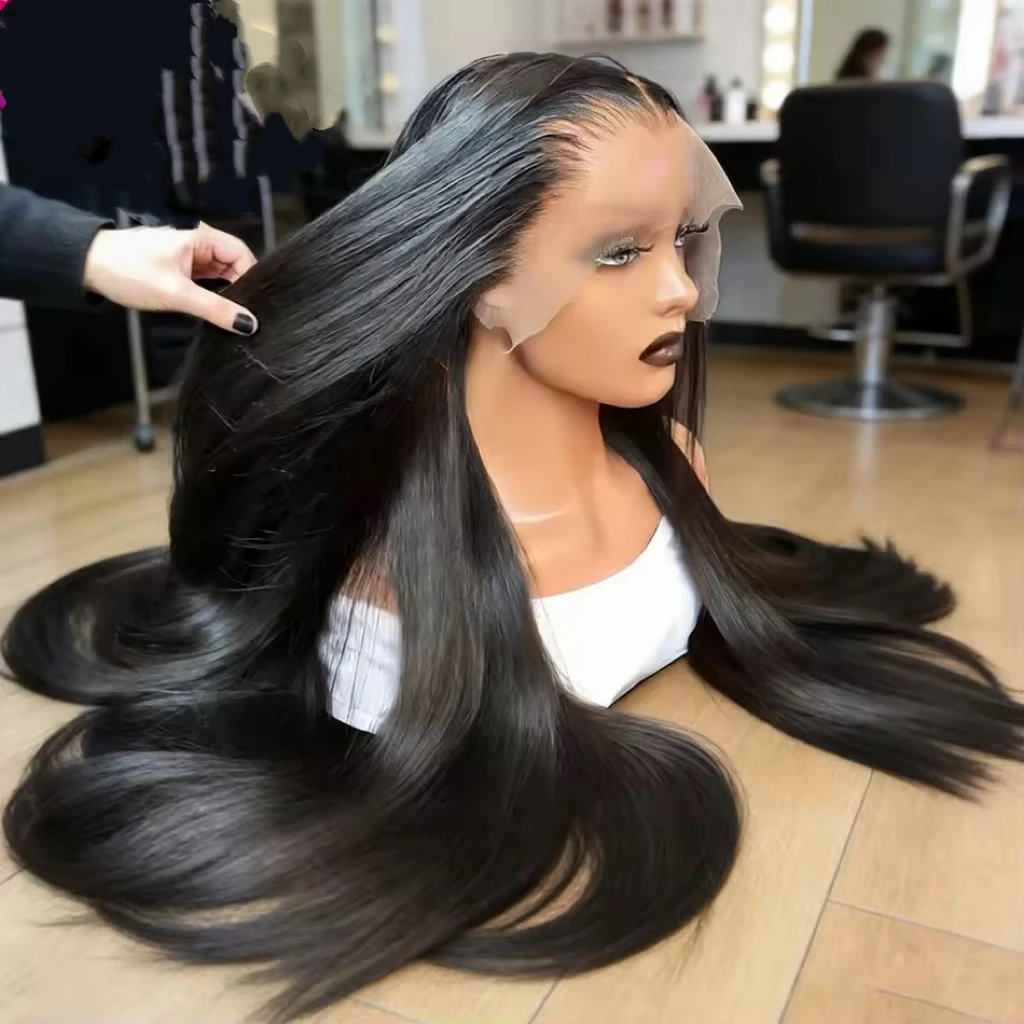 

Шелковистый прямой черный синтетический парик с фронтальной шнуровкой 13x4 для женщин, предварительно причесанный, с детской прядью, без клея, для косплея, на каждый день, для вечеринок