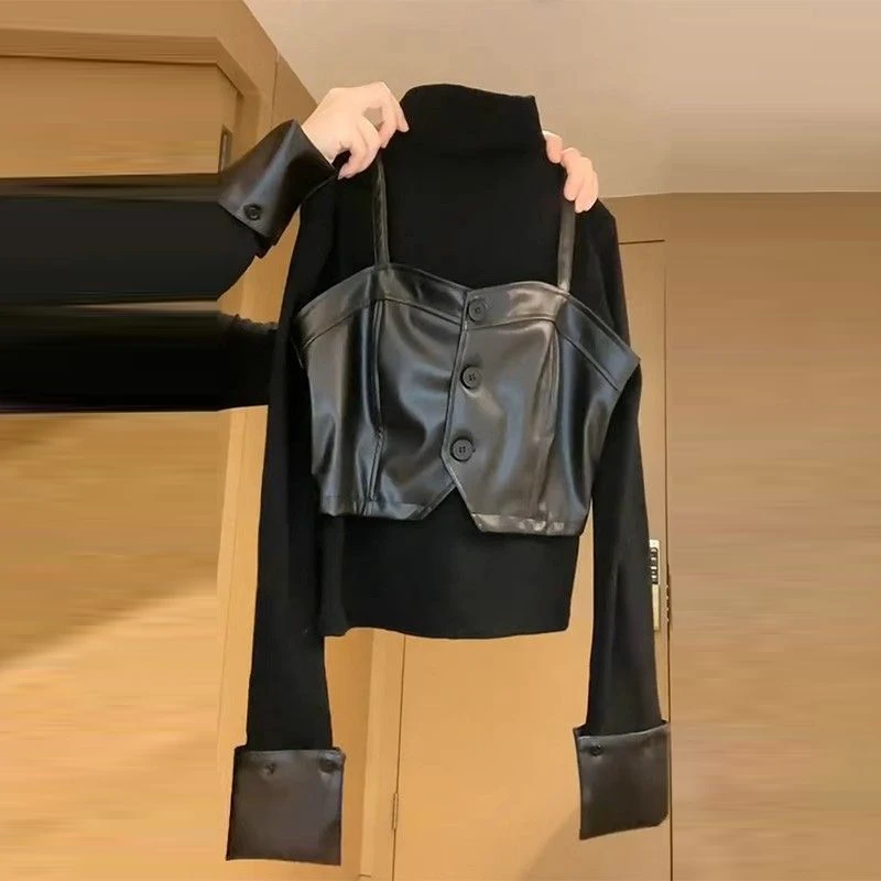 

Design sense, niche, sweet and spicy style top, black leather vest bottoming shirt, two T-shirts inside, female spring