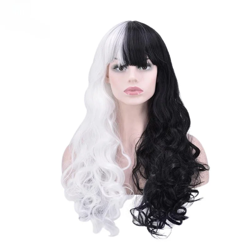 

Ladies Long Wavy Curly Wig Half White Bla Two Tone Synthetic Party Hair Wigs