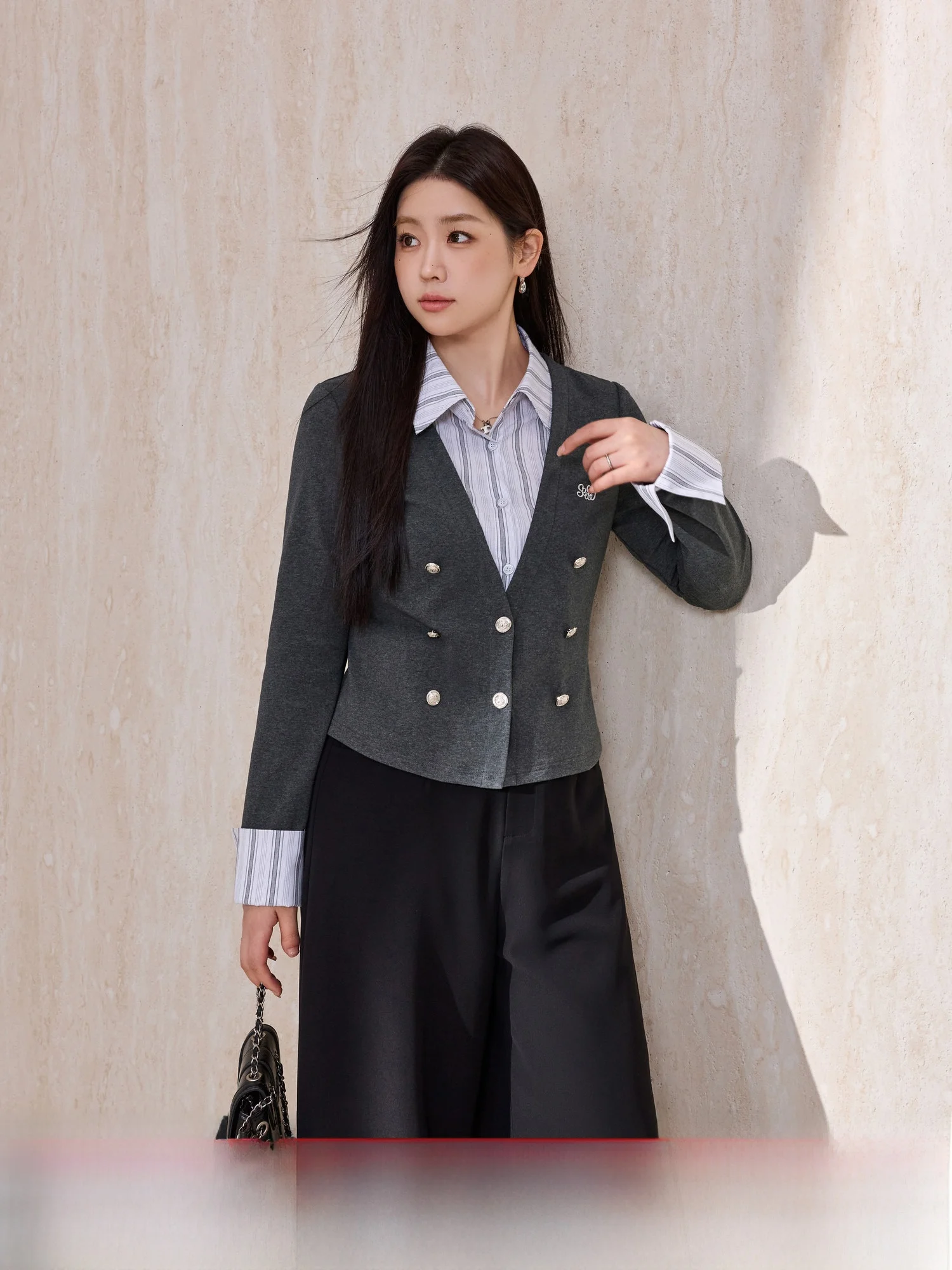 

Blue Language plus Size Women's irt Collar Stripe Wide Leg Pants Slimming Set Spring Casual OL Sle Straight Cut Suit