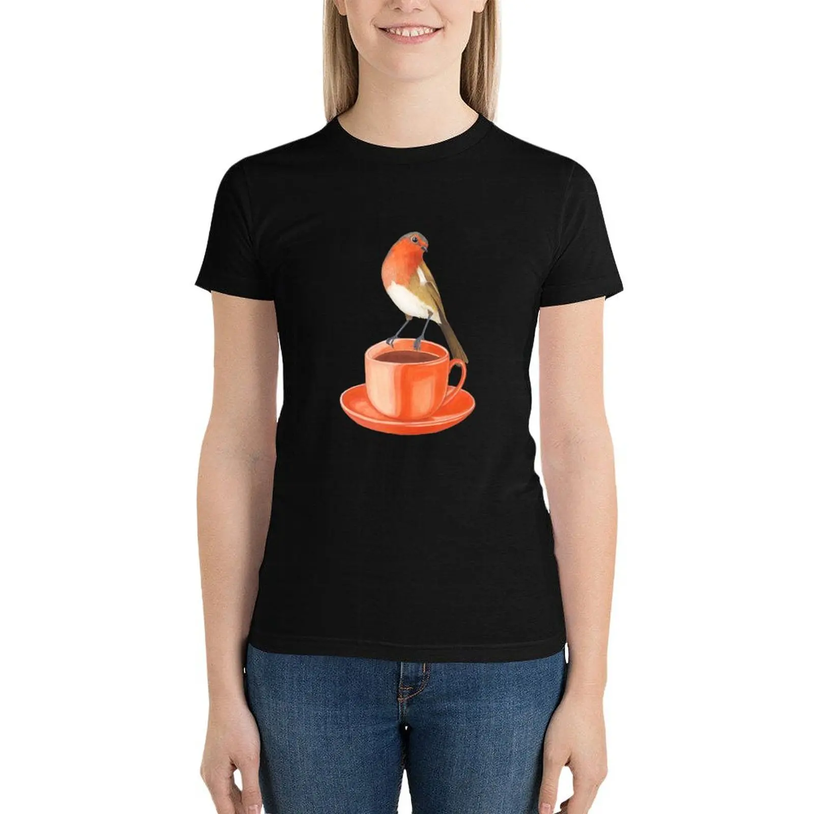 

coffee loving robin bird T-Shirt vintage clothes Aesthetic clothing tshirts woman