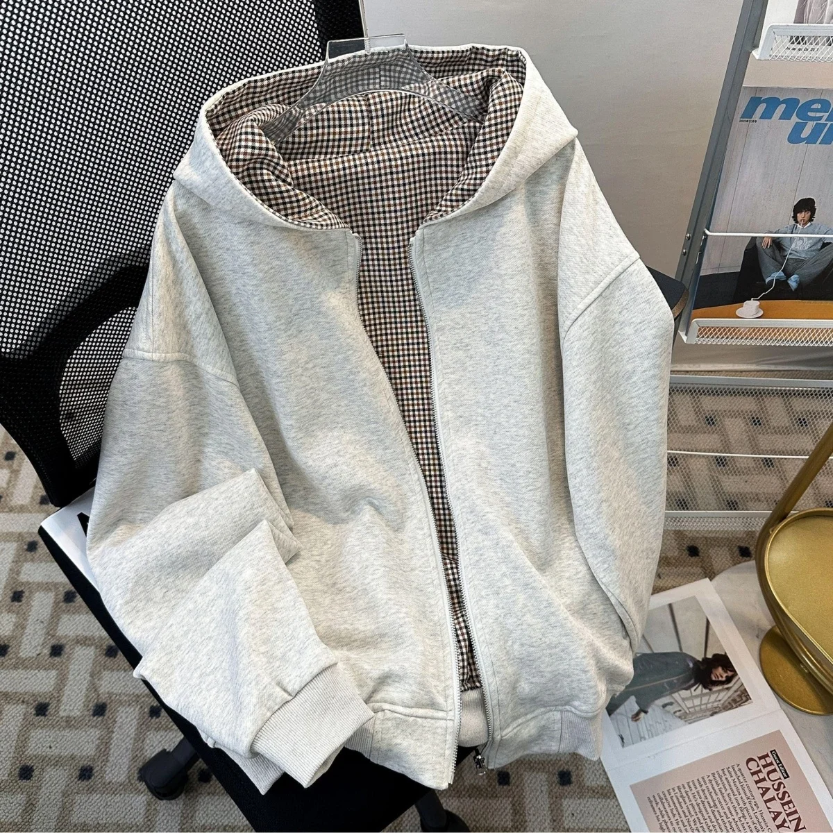 

Двусторонняя толстовка в американском стиле с клетчатым узором, унисекс, весенняя, в уличном стиле, бейсбольная, на молнии, модная