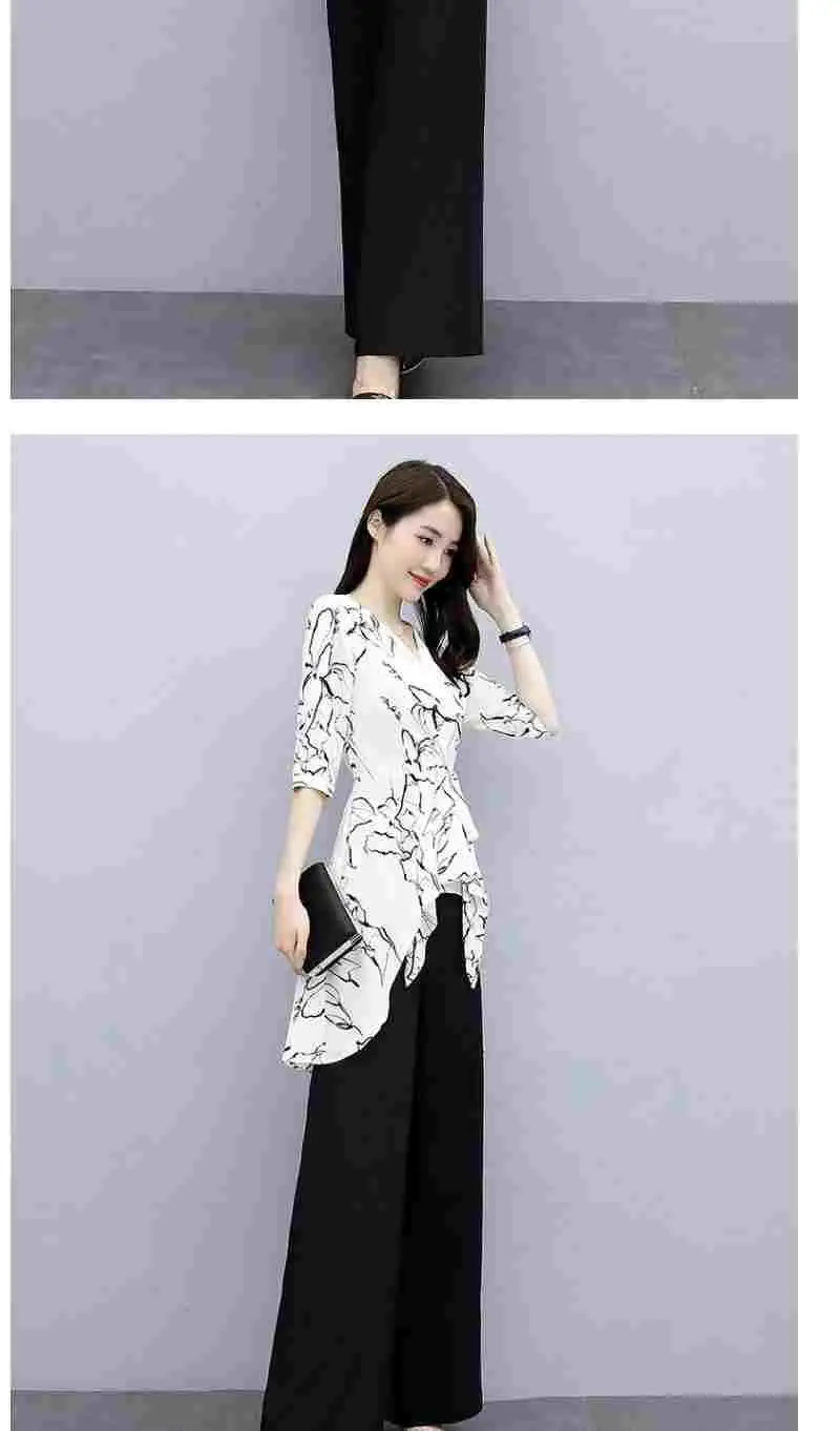 Damen-Freizeitanzug, Sommer, neues zweiteiliges Set, 2025, modisch, weites Bein, lange Hose, halbe Ärmel, Oberteil, koreanischer Stil, bedruckt, Büro-Outfits – Detail 9