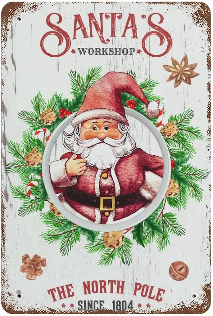 The North Pole Santa’s Workshop Tin Signs Winter Holiday Christmas Metal Plate Sign Outdoor Metal Signs for Garage Man Cave Shop