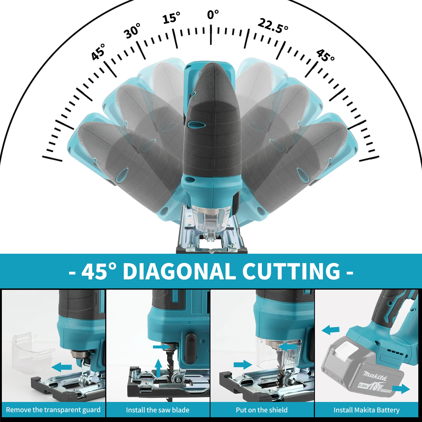 Serra de vaivém sem fio Makita DJV182: 18 V, 300 W, 0-2700 rpm, curso de 80 mm, ± 45 °   Ângulo de corte, trabalhos de ferramentas elétricas para corte de madeira/plástico/metal