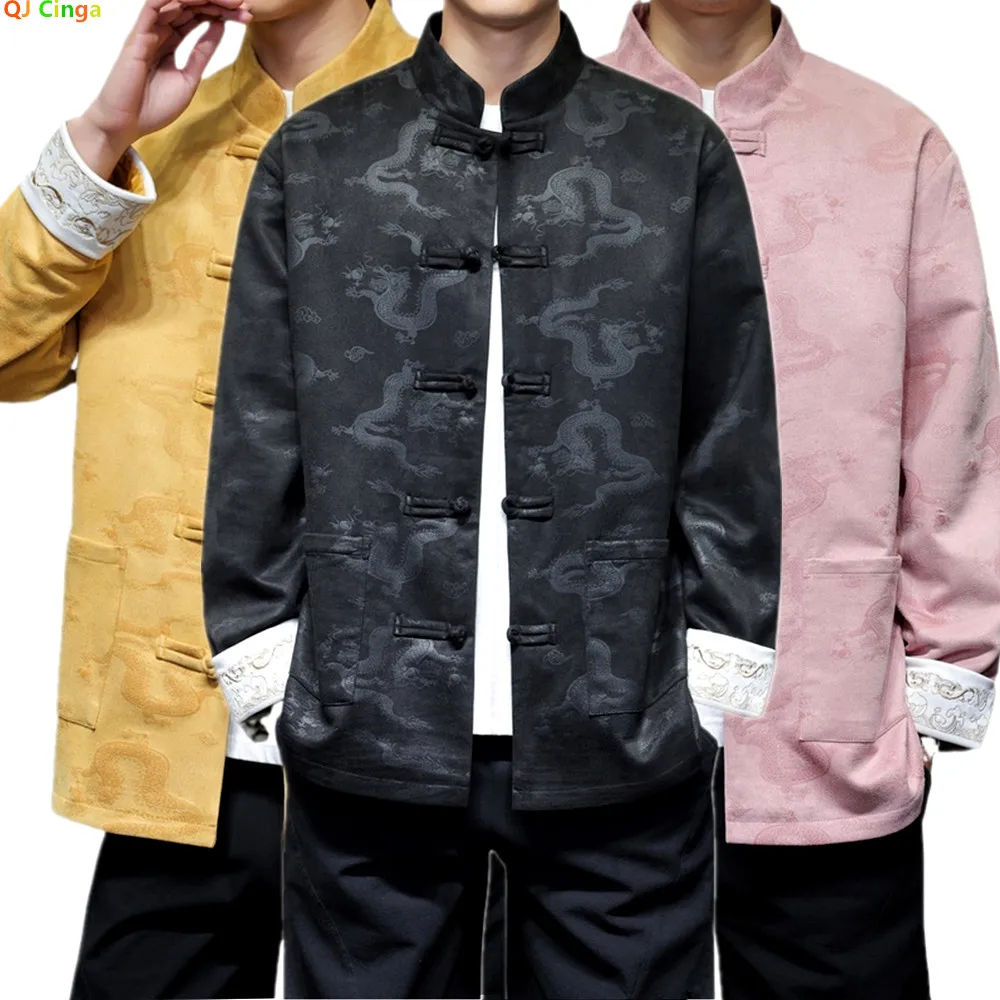 Chinese-style Men's Black Long-sleeve Printed Jacket, Single-breasted Stand-up Collar Coat, Asian-sized Soft Fabric Top.