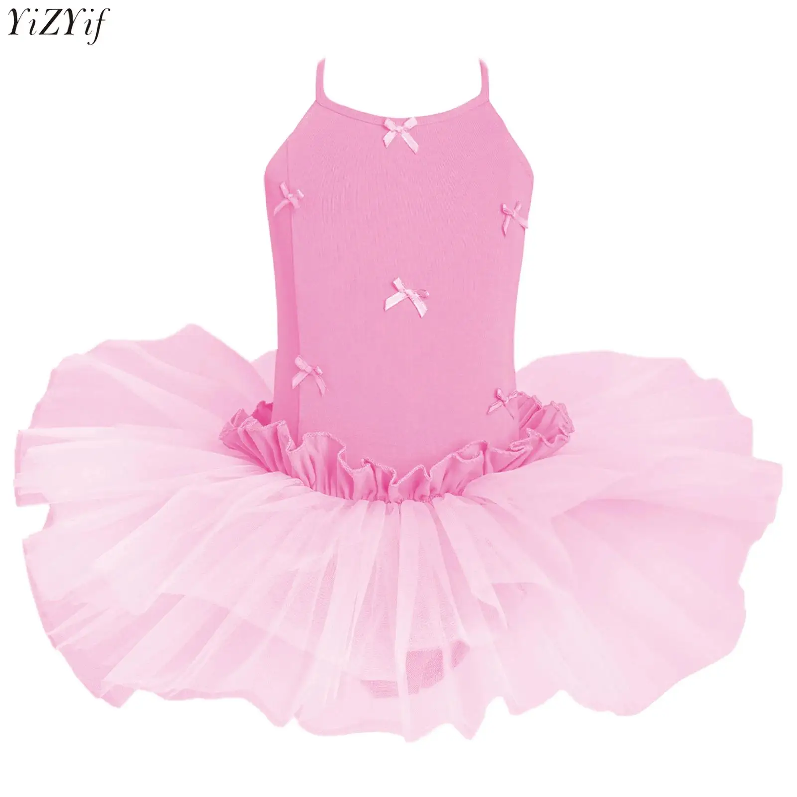 

Kids Girls Cute Bowknot Ballet Dance Leotard Dress Spaghetti Straps Ruffles Tulle Tutu Skirted Dress for Performance Ballerina