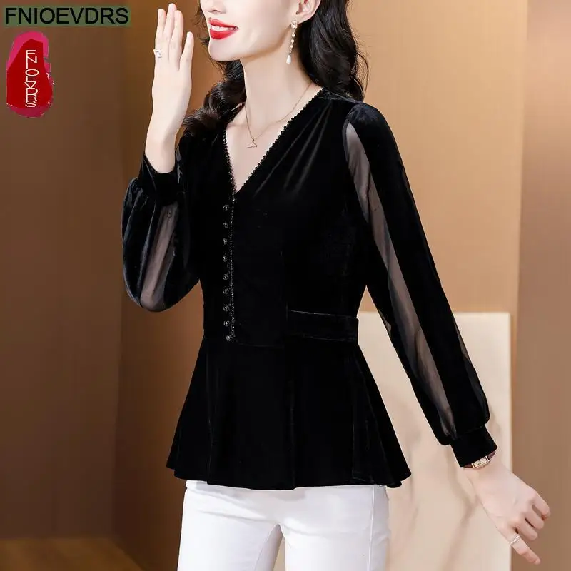 S-3XL Black Velvet Top Women Autumn Winter French Design Elegant Office Lady Work Button Shirt Casual Slim Retro Peplum Blouses