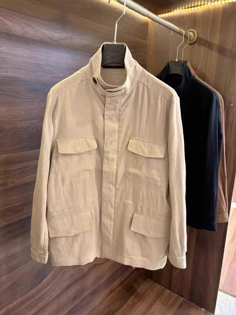 

LP Итальянская льняная повседневная охотничья куртка с воротником-стойкой