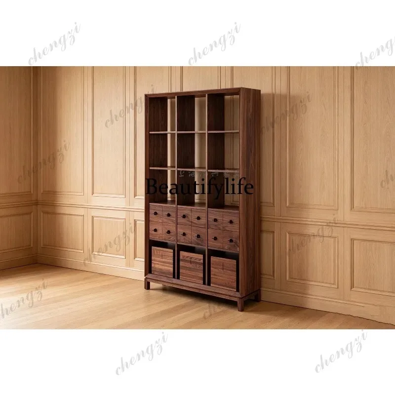 K153 Bookshelf North American black walnut log bookcase Bogu shelf New Chinese display shelf Solid wood edge cabinet
