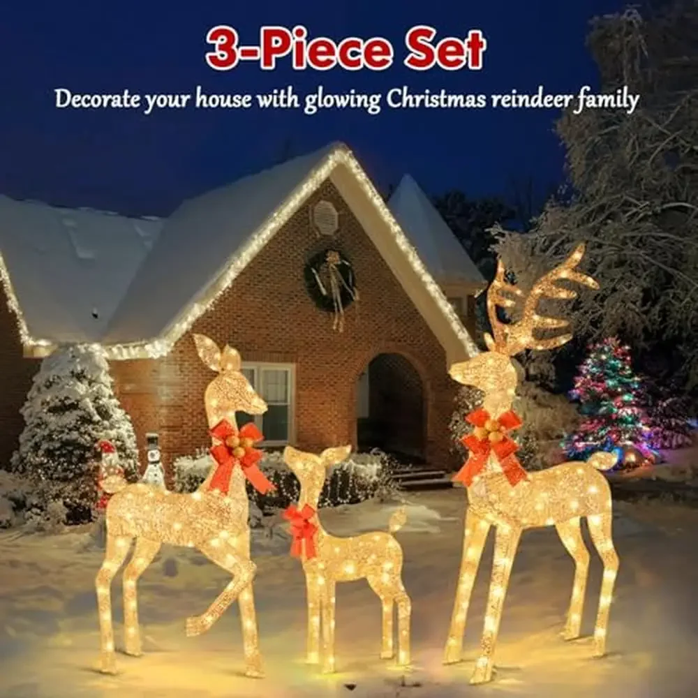 Large Lighted Christmas Deer Family Set Outdoor 5FT Decoration with 260 LED Lights Joyful Festive Glitter Adorned Weatherproof