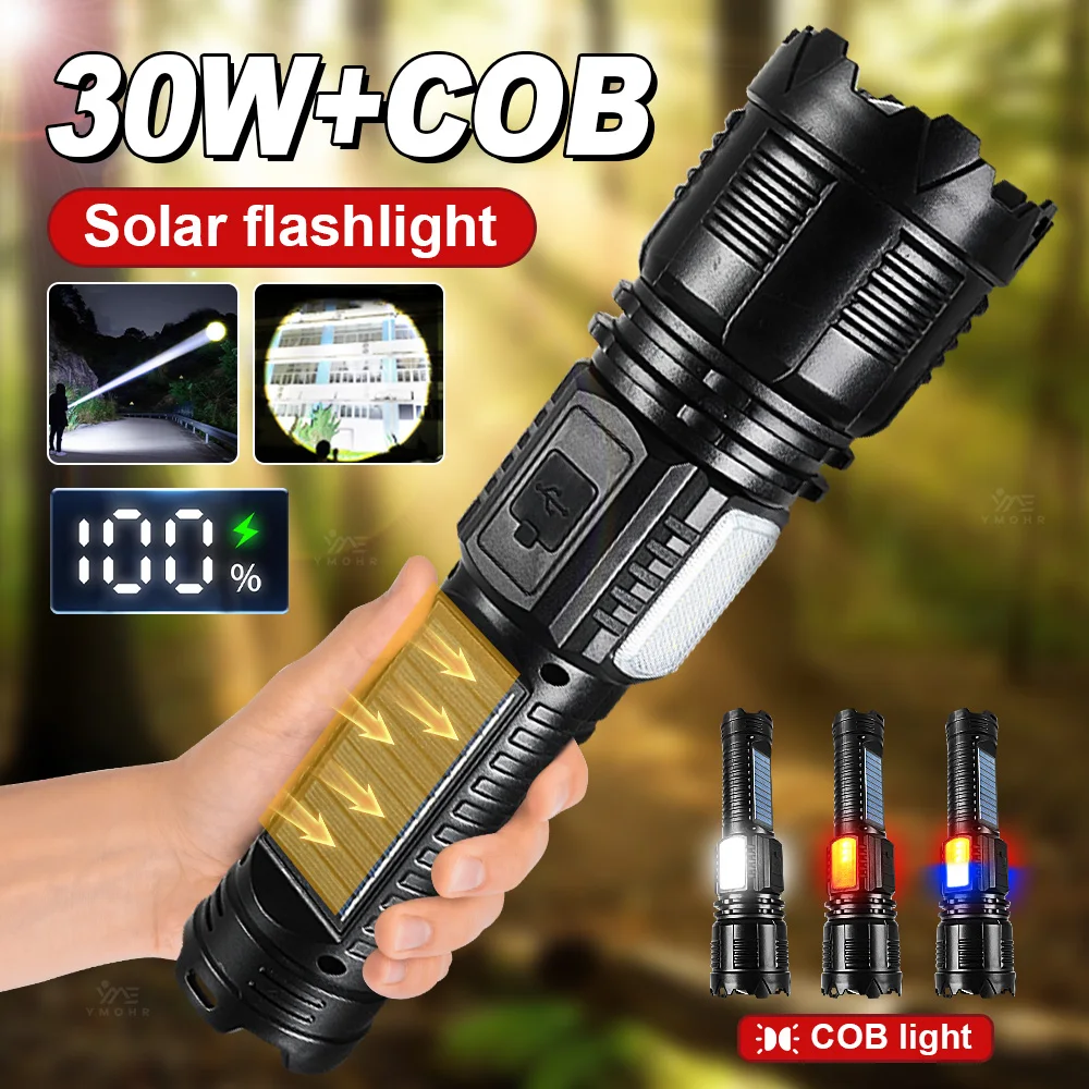 

Белые лазерные фонарики, мощный солнечный перезаряжаемый светодиодный фонарик, внешний аккумулятор, зум, уличный фонарь для кемпинга, походный подарок