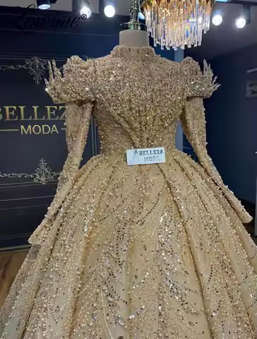 Golden Champagne Wedding Dress Saudi Arabia Evening Dresses Customized Pearl Crystals Engagement Dress Long Sleeve Prom Gowns