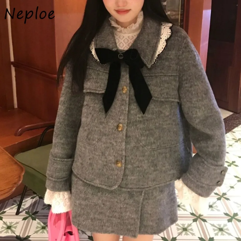 Neploe Winter New Korea Chic Woolen Sweet Suits Jacket High Waist Slim Minority Mujer Faldas England Style Student Elegant Dress