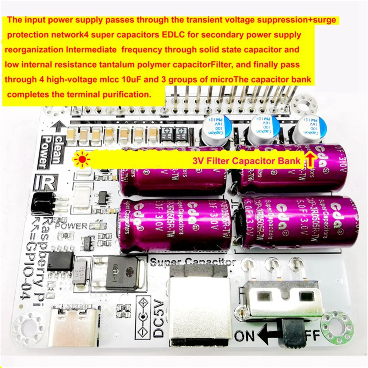 For Raspberry Pi Hifi Power Filter Farah Capacitor Moode Volumio Multi-Function Portable Convenient Filter Board