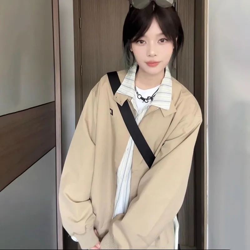 Retro Khaki Jacket Women's Spring Autumn Short Baseball Stitched Stand Collar Workwear Coat Loose Fit Long Sleeve Zipper Closure