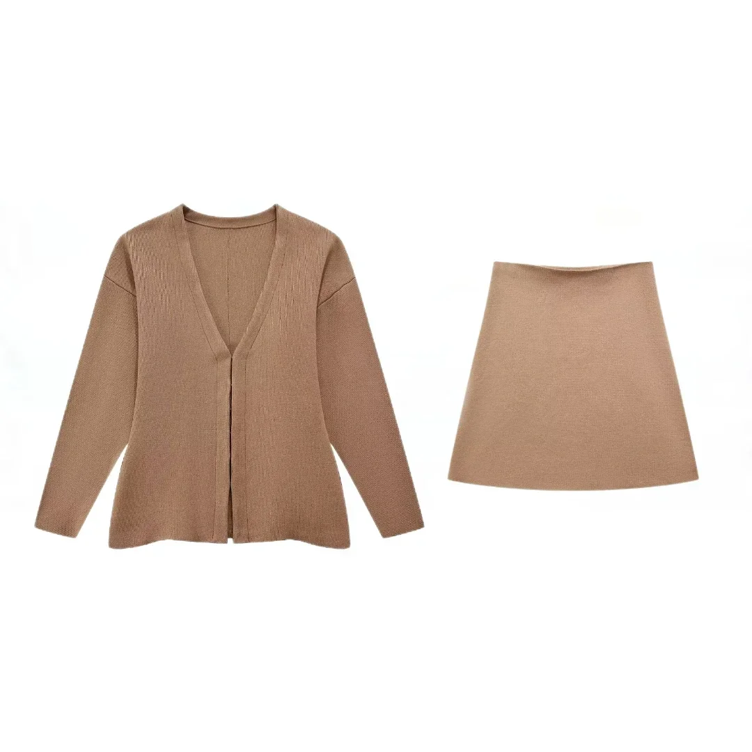 MSNOLOA Knit Jacket Skirt Suit Long Sleeves V-neck Vented Hem Cardigan Coat Elastic High Waist Knit A-line Mini Skirt Female Set