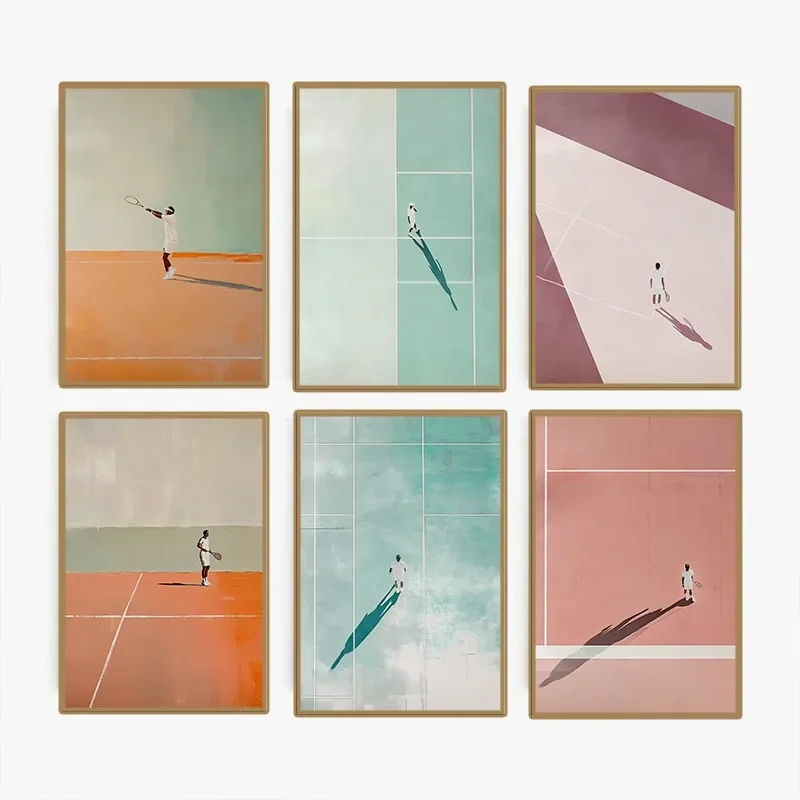 Abstract Minimalist Tennis Sport Poster Vintage Tennis Court Dopamine Canvas Painting Funky Wall Art for Living Room Home Dec