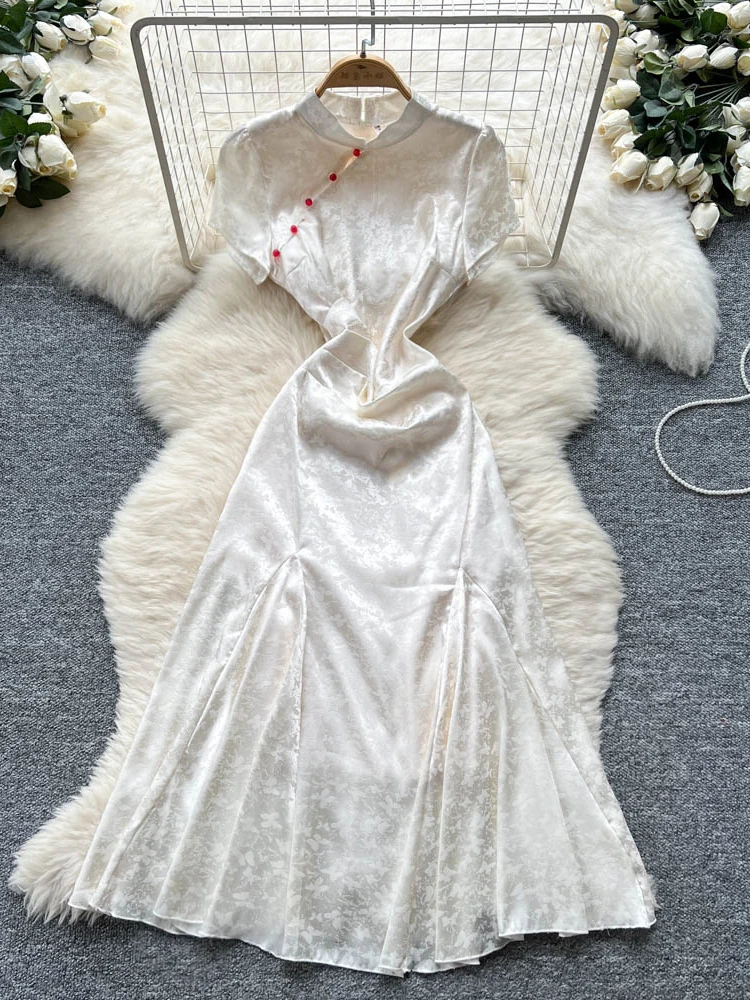 新しい中国風半袖ウエスト締めシルクサテンチャイナドレスハイウエスト A ライン夏通勤ファッションレトロな襟