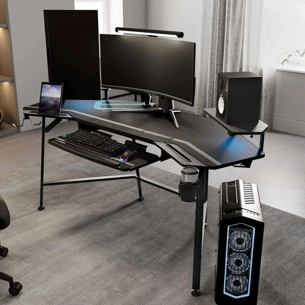 72 Inch Gaming Desk with Keyboard Tray, Large Computer Desk Led Lights, Wing-Shaped Monitor Stand , Customized