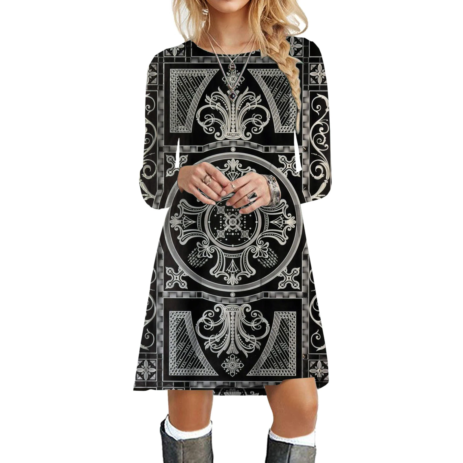 Gotische Stijl Print Vrouwen Jurk Herfst Mode Oversized Kleding Lange Mouw O-hals Mini Losse Jurk Casual Feest Dames Jurken