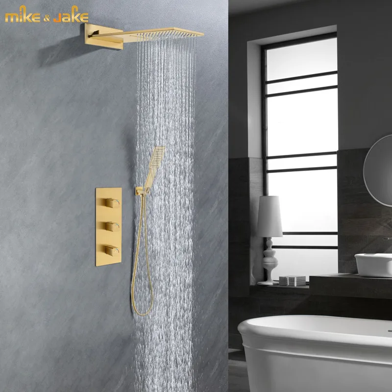 

Brushed gold in wall shower set Big rainfall waterfall shower mixer hot and cold gold brush shower kit bathroom showeroom tap