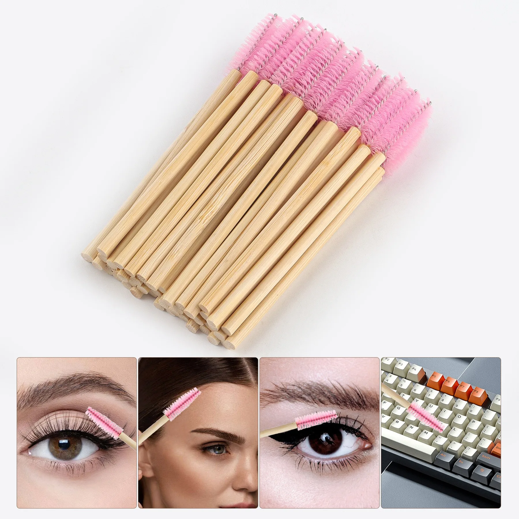50Pcs Natural Bamboo Handle Eyelash Brushes Mascara Wands Nylon Brush Head Eyelash Extension Eyebrow Grooming Makeup Tools