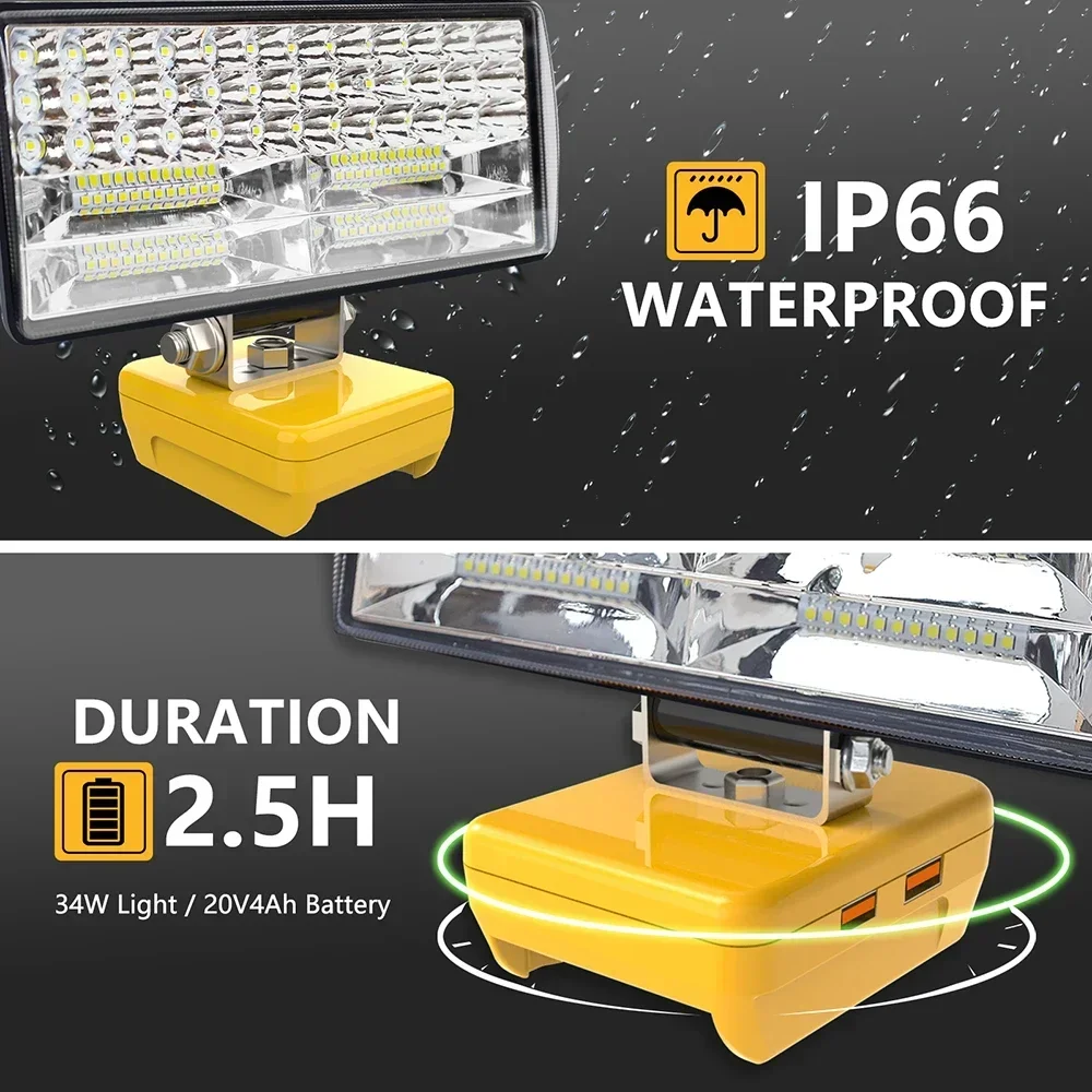 8 Inch Car LED Work Light Flashlight Electric Torch Spotlight For Dewalt DCB206 DCB606 18V 20V 60V Li-ion Battery USB Power Bank