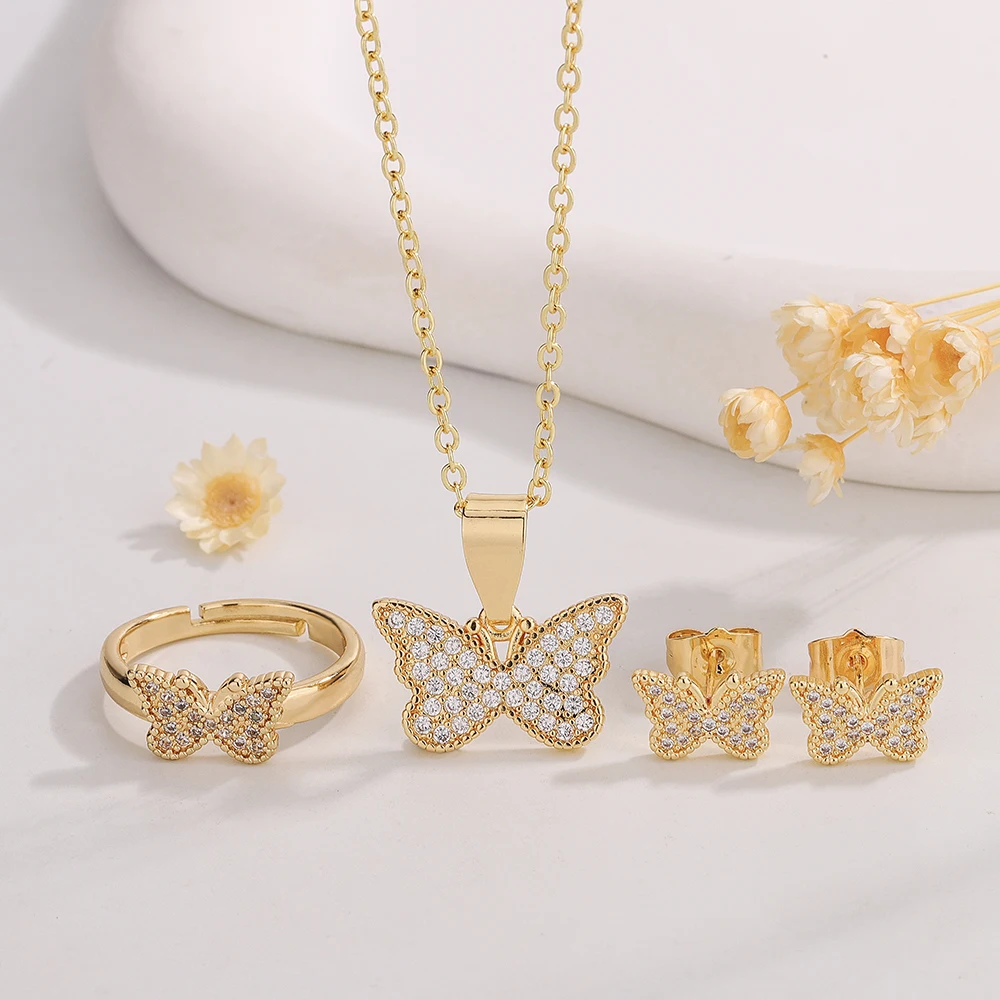 

Ruixi Fashion New Butterfly Cute Personality Zircon Earrings Necklace Pendant Ring Set Women's Party Birthday Gift
