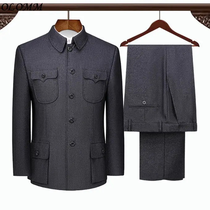 Chinese Tunic Suit Spring Autumn Elderly Latest Coat Pant Designs Two Piece Mens Formal Wear Father Clothes Blue Double Layer