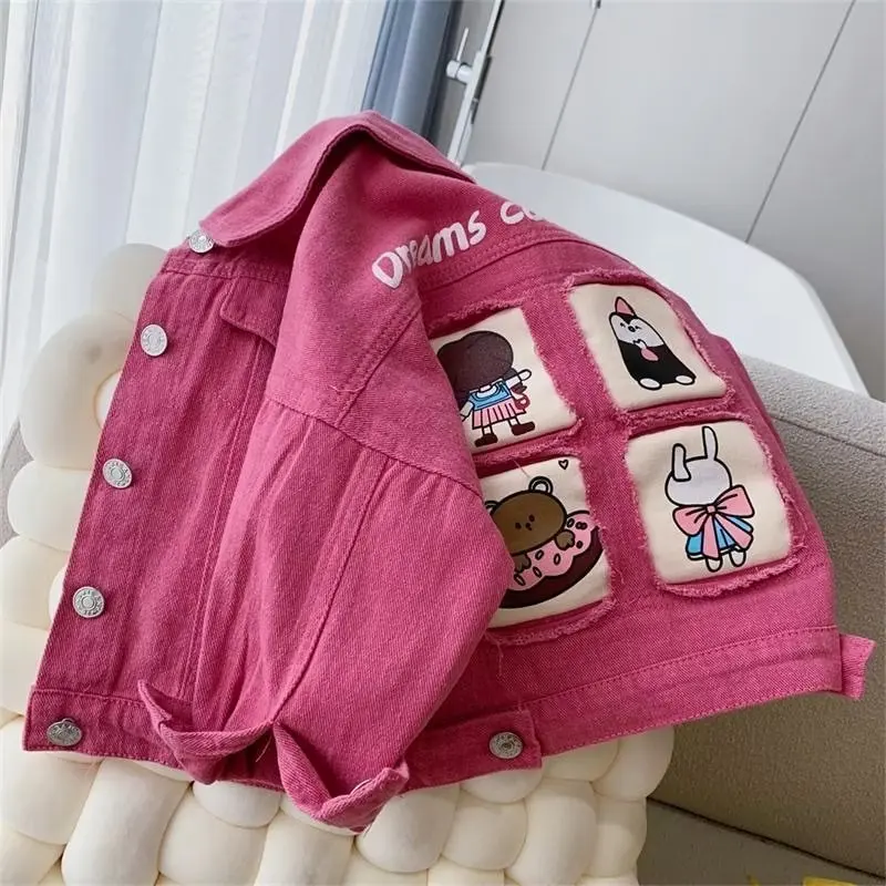 2023 New Spring Autumn Denim Girls Jacket Fashion Cartoon pink Windbreaker Jackets For Kids Children Clothing OuterwearCoats