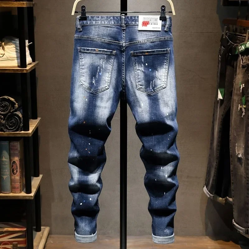 Men Ripped Skinny Denim Jeans Blue Holes Jeans Stretch Denim Pants Fashion High Quality Male Slim Fit Denim Trousers