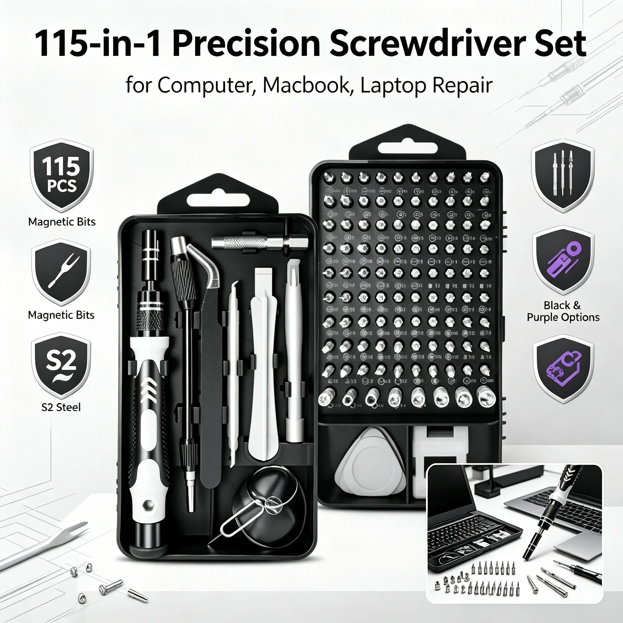 Ensemble de tournevis de précision 115 en 1, embouts de tournevis de haute qualité, cadeaux d'outils pour hommes, pour la réparation d'ordinateurs, de Macbooks et d'ordinateurs portables.