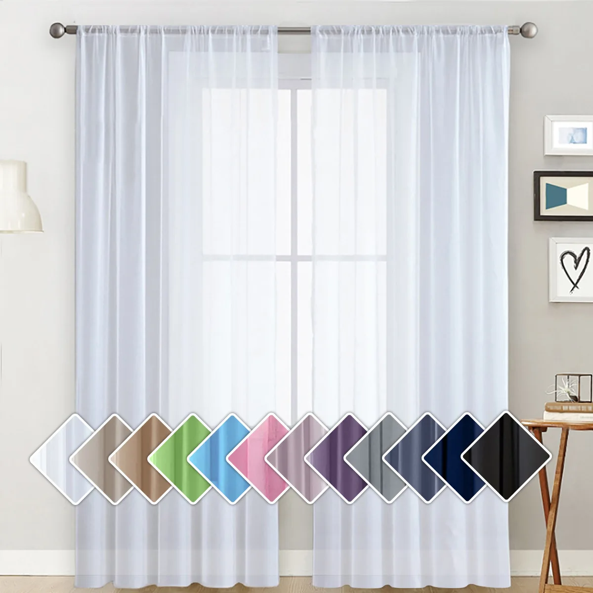 2 Stück transparente Tüll-Vorhänge, Fensterschutz, reine Farben, Stangentasche, Voile, transparente Vorhänge für Badezimmer, Wohnzimmer, Heimdekoration