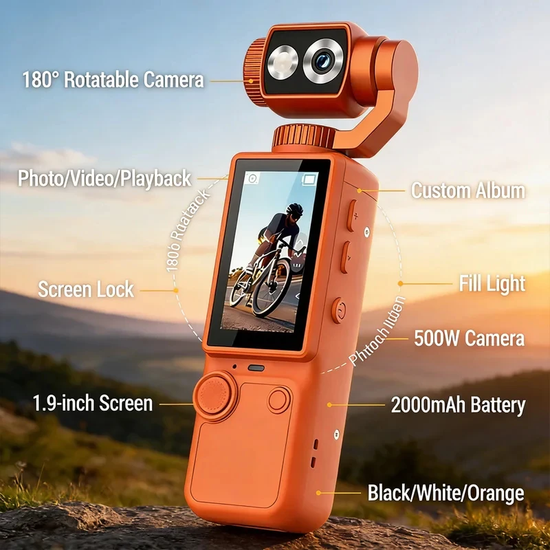 

New Mini Pocket Universal Camera 4K HD Video Video Camera 3-axis Stable Portable Action Cam Travel Video (black/white/orange)