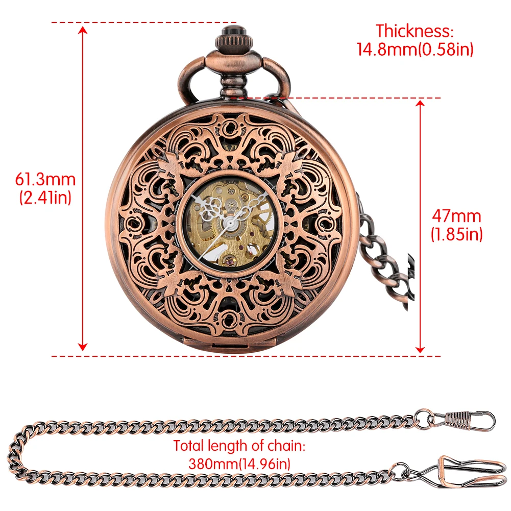 Copper Red Hollow Mechanical Pocket Watch Classic Roman Numerals Round Dial Vintage Stylish Hand Winding Antique Clock Gift