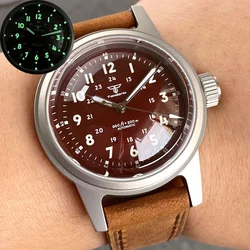 Tandorio 36mm Military Field Automatic Men Brushed NH35 Watch Luminous Red Vintage Dial Domed Sapphire Leather Small Crown 20ATM