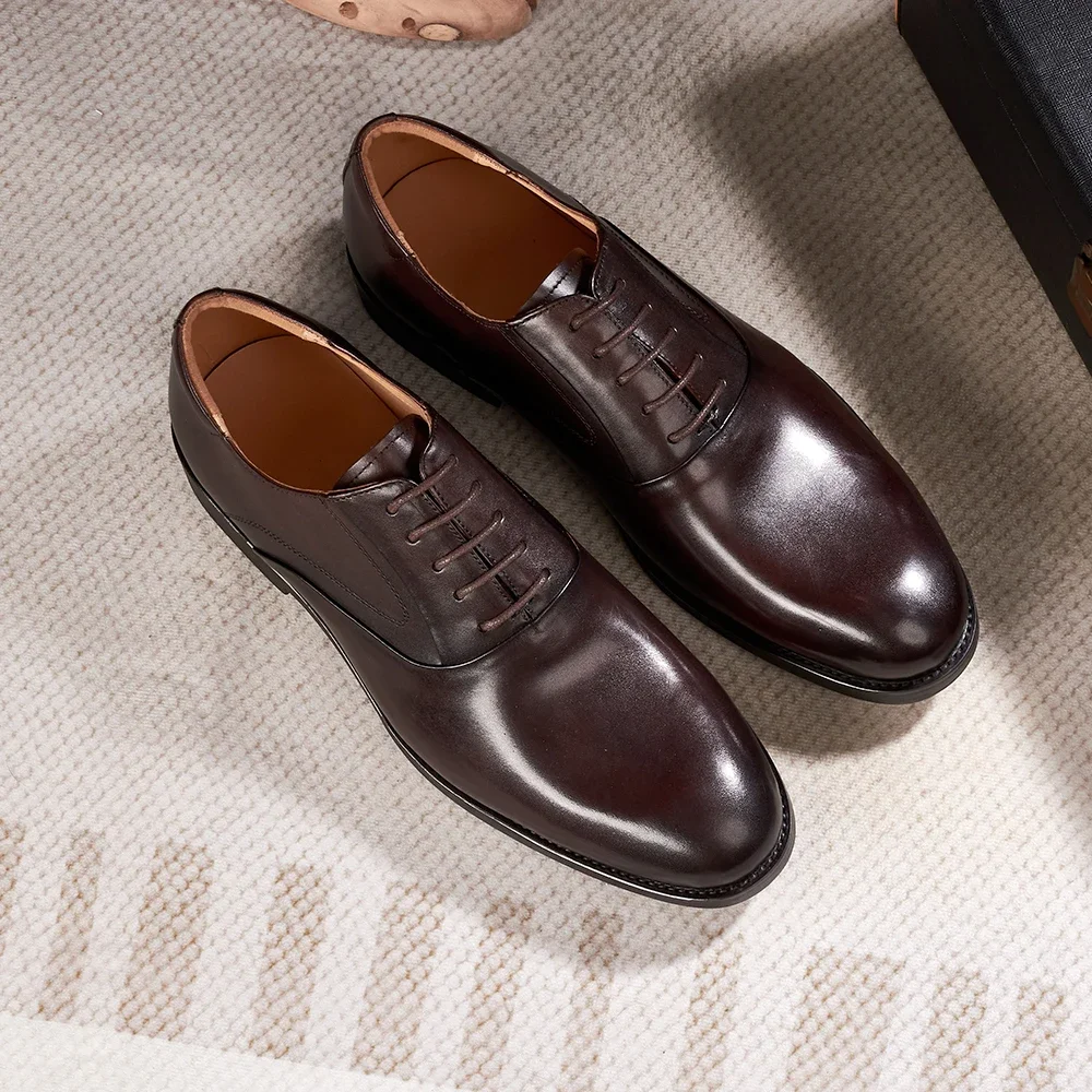Formal Genuine Leather Derby Men\'s Shoes Handmade Goodyear Leather Shoes Classic Lace-up Business Banquet Dress Shoes Men