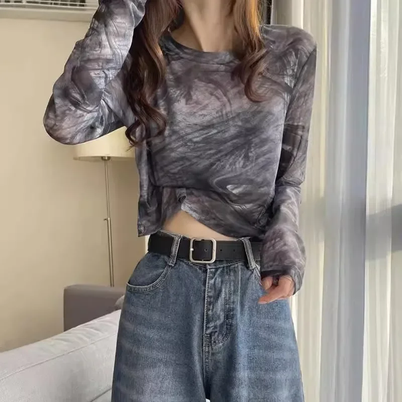 Women's Blue Sky Print Sheer Long-Sleeve Cropped Top