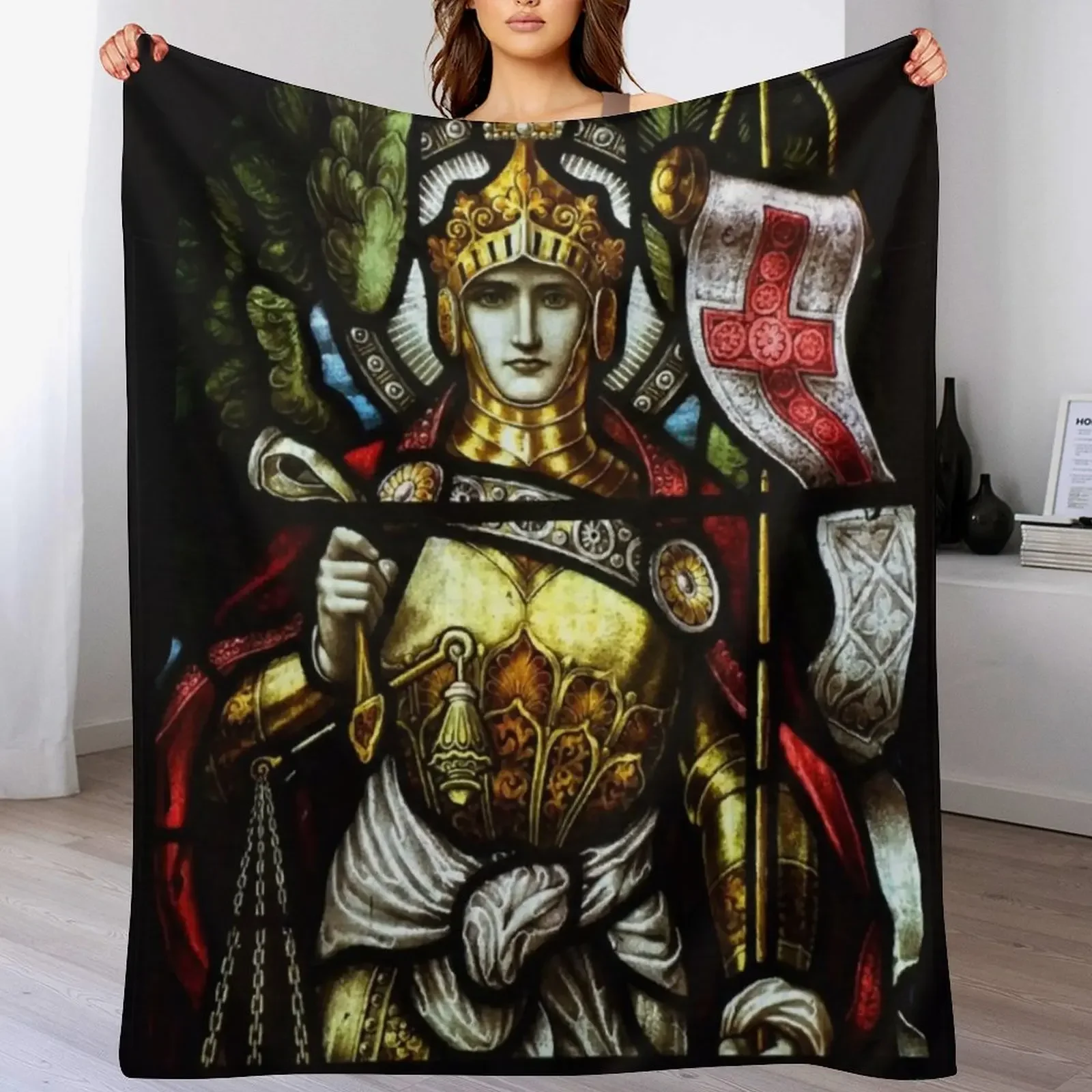 

Archangel Michael Christian Cross stained glass Medieval Art Knight HD Throw Blanket funny gift warm winter Plush Blankets