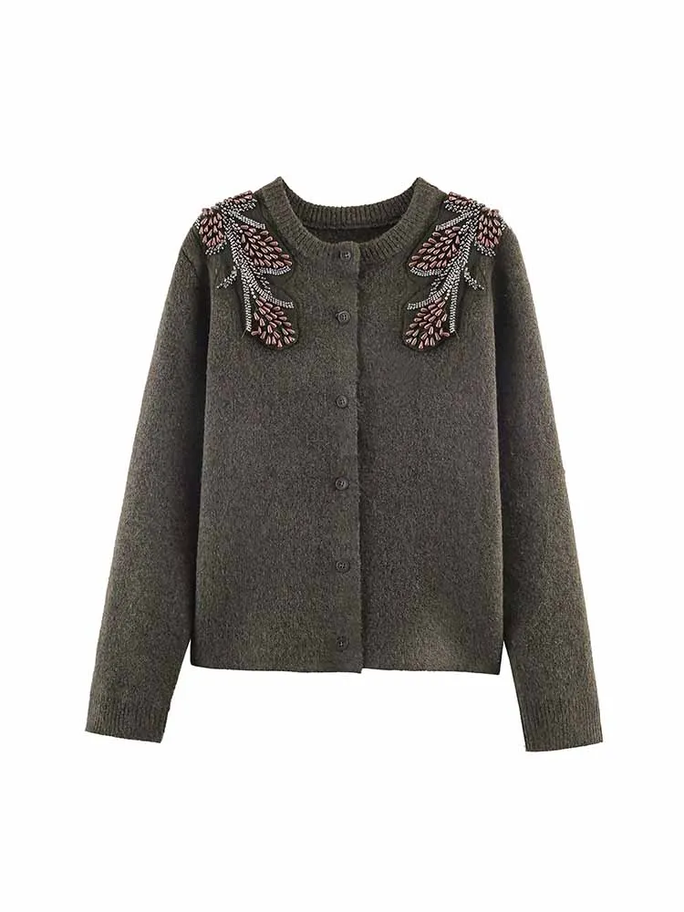 

HH Woman Early Spring Versatile Long Sleeves Single Breasted Round Neck Beaded Decoration Cardigan Female Retro Knitted Jacket