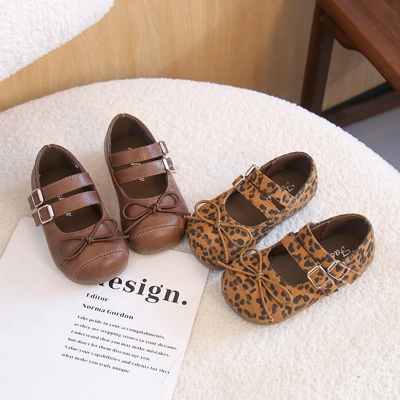 Girls Leopard Mary Jane Shoes with Bow-knot Children Flats Leather Shoes Retro Style Kids Princess Ballet Dress Shoes Size 23-34