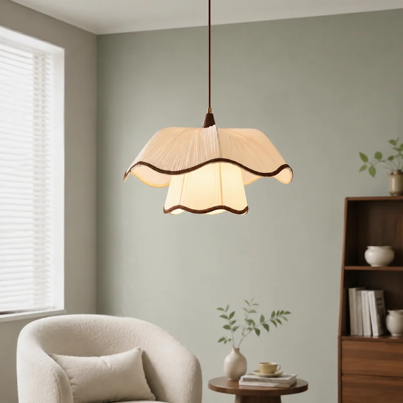 French Vintage Nordic Pleated Fabric Scalloped Edges Hanging Decor For Living Room Bedroom Restaurant Hotel Study Pendant Lamp