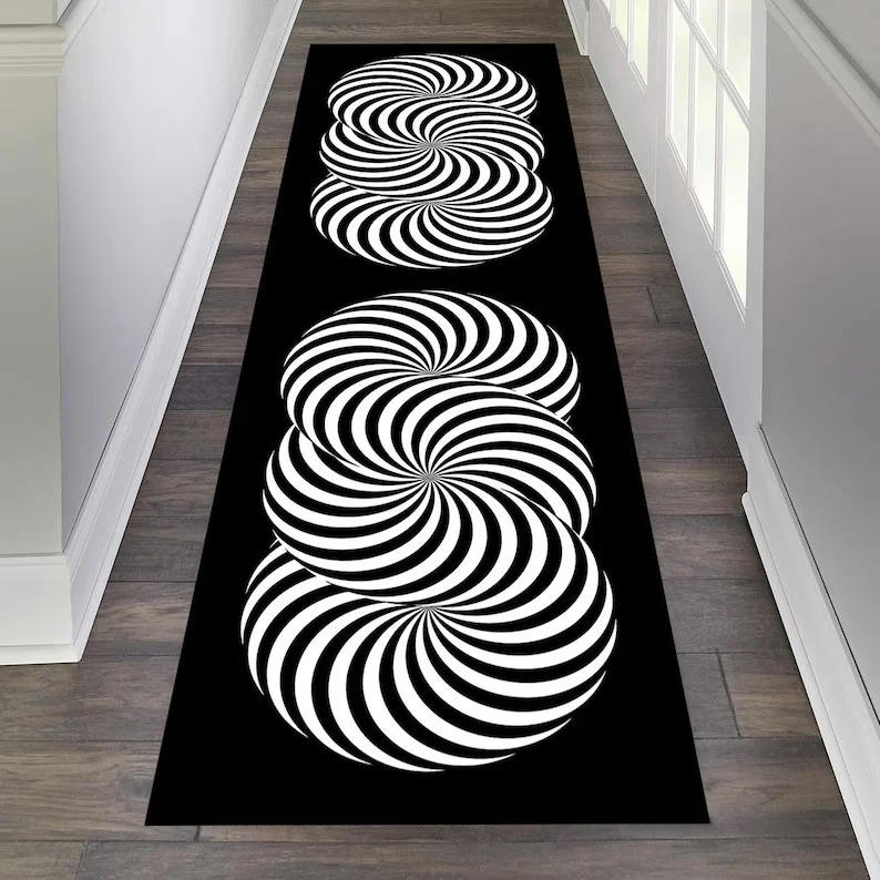 Black and White Striped Runner Rug Visual 3D Vortex Carpet Porch Foyer Fully Carpeted Home Bedside Hallway Mat
