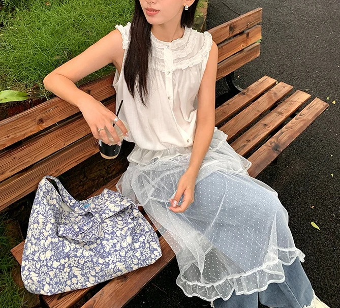 Chemise Slim plissée à col rond, nouveau Style, petit parfum, bord d'oreille en bois, sans manches, 2025