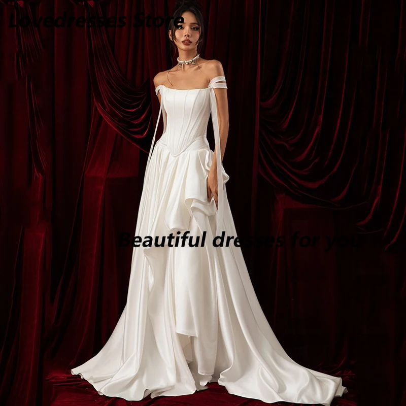 

Elegant Off The Shoulder Wedding Dresses Ruffles Satin A-Line Bridal Dress Princess Wedding Ball Prom Gowns Customized