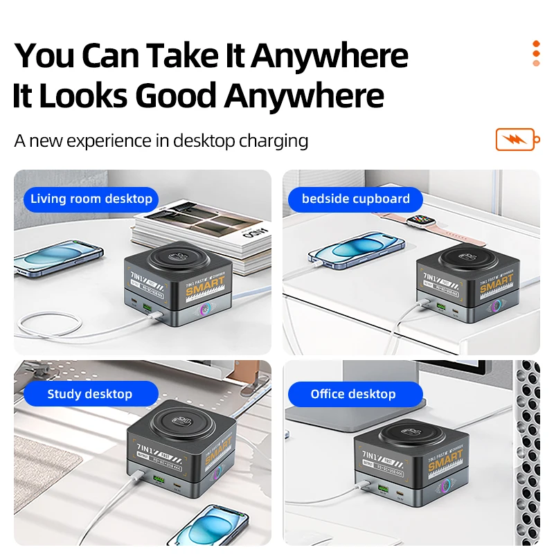 6 Ports Dekstop USB Charger Staion 15W Wireless Charging PD 65W QC3.0 Type C Fast Charger for iPhone Laptop Phone Tablet