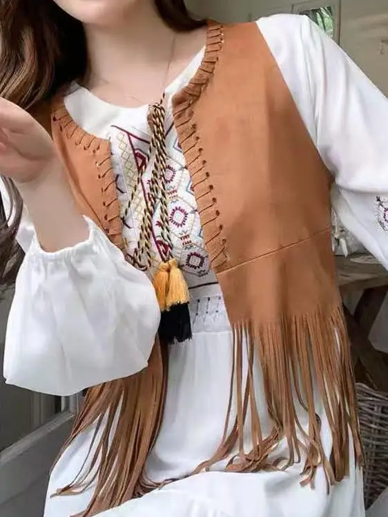 Kardigan Rompi Suede Retro Wanita Street Sle Patchwork V-Ne Kehangatan Sedang Penutupan Kancing Tunggal Jaket Musim Panas Modis