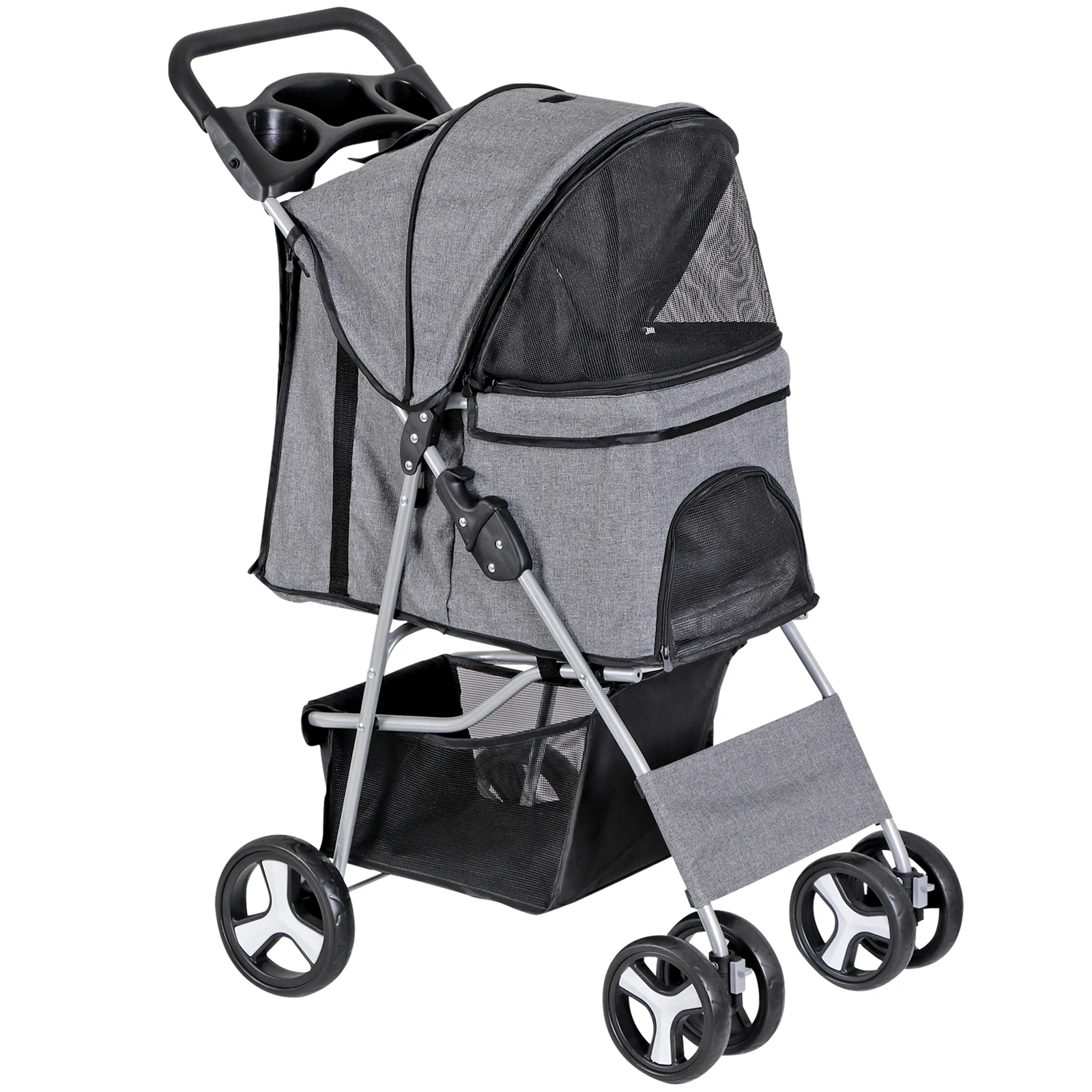 

4-Wheels Pet Stroller Dog Stroller Foldable Cat Carrier Jogger w/Cup Holder Gray